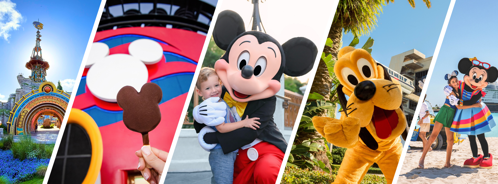 Collage of Disney parks, Disney Cruise Line, and Disney characters including Mickey, Minnie, and Pluto