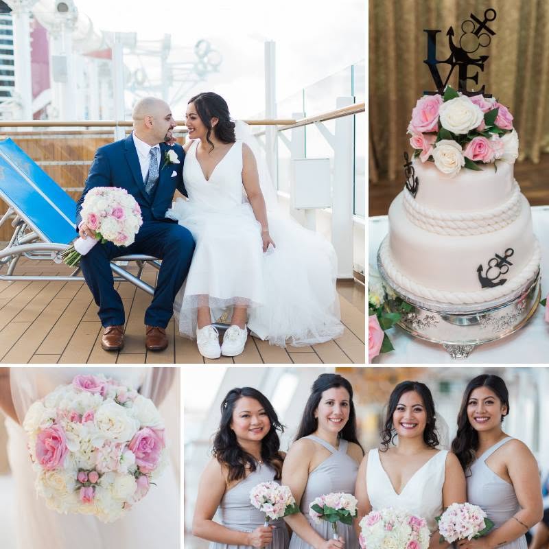Disney Cruise Line wedding collage: the couple on deck, a nautical cake with a Mickey anchor topper, a pink and white bouquet, and the bride with her bridesmaids