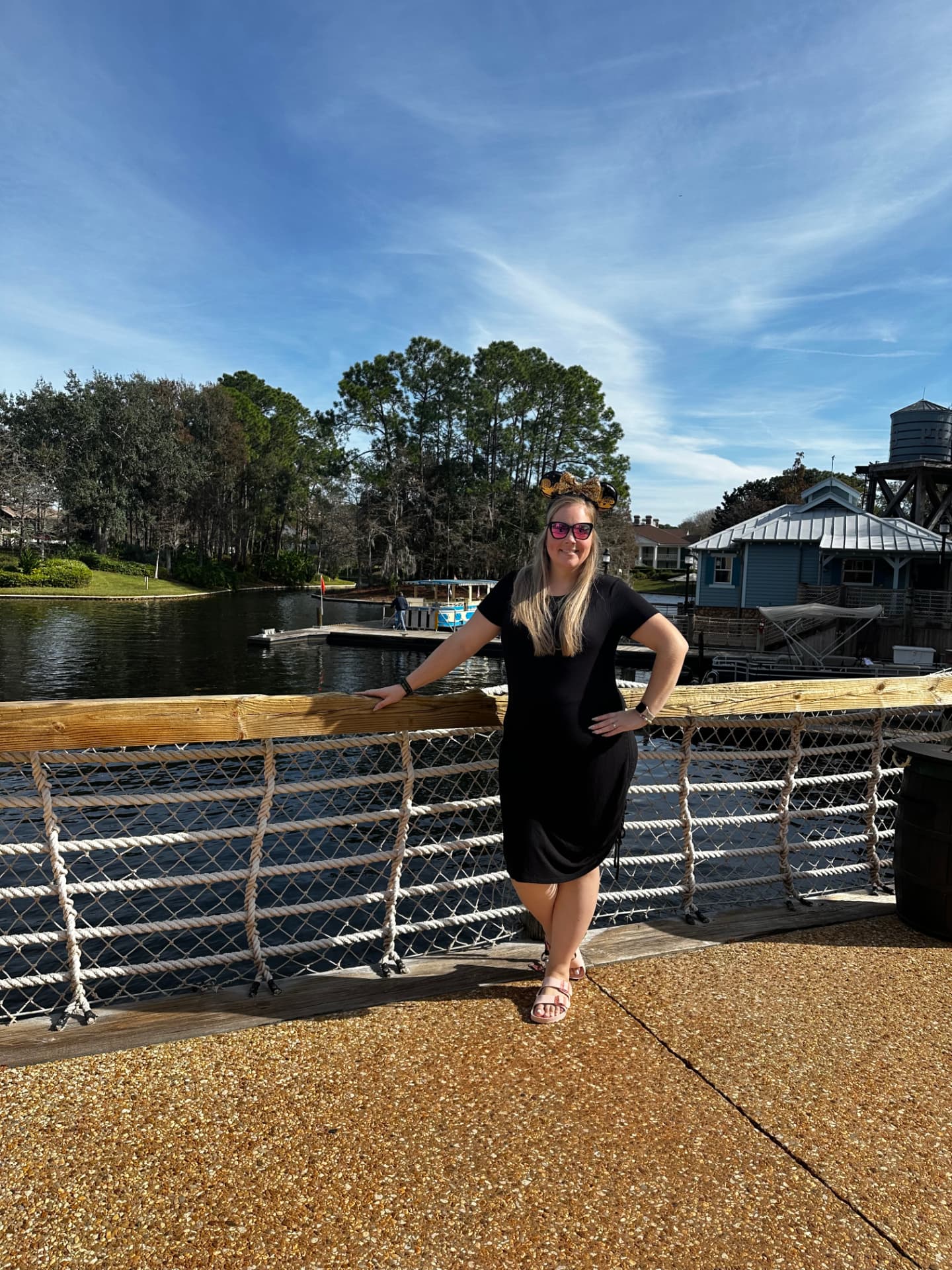 Sarah Field on the boat dock at a Walt Disney World resort