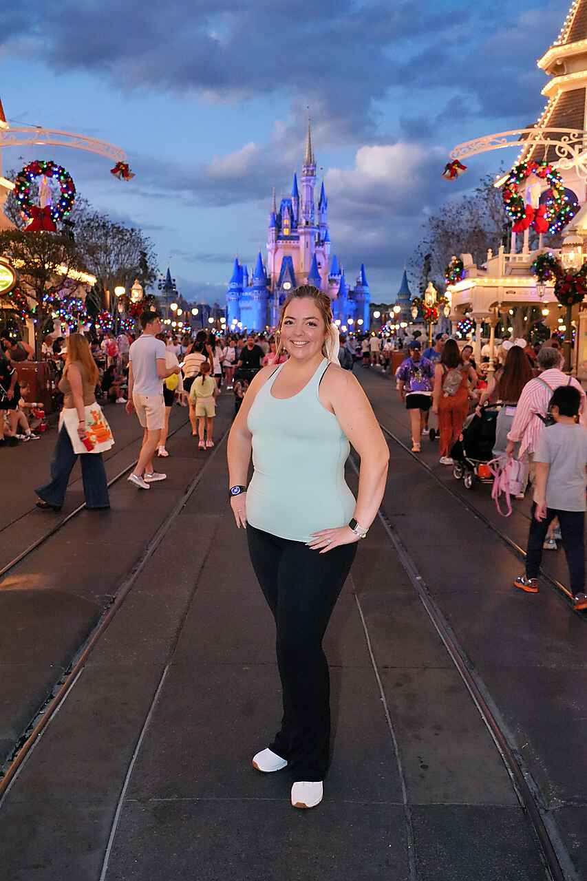 Sarah Field on Main Street U.S.A. with Cinderella Castle at Magic Kingdom