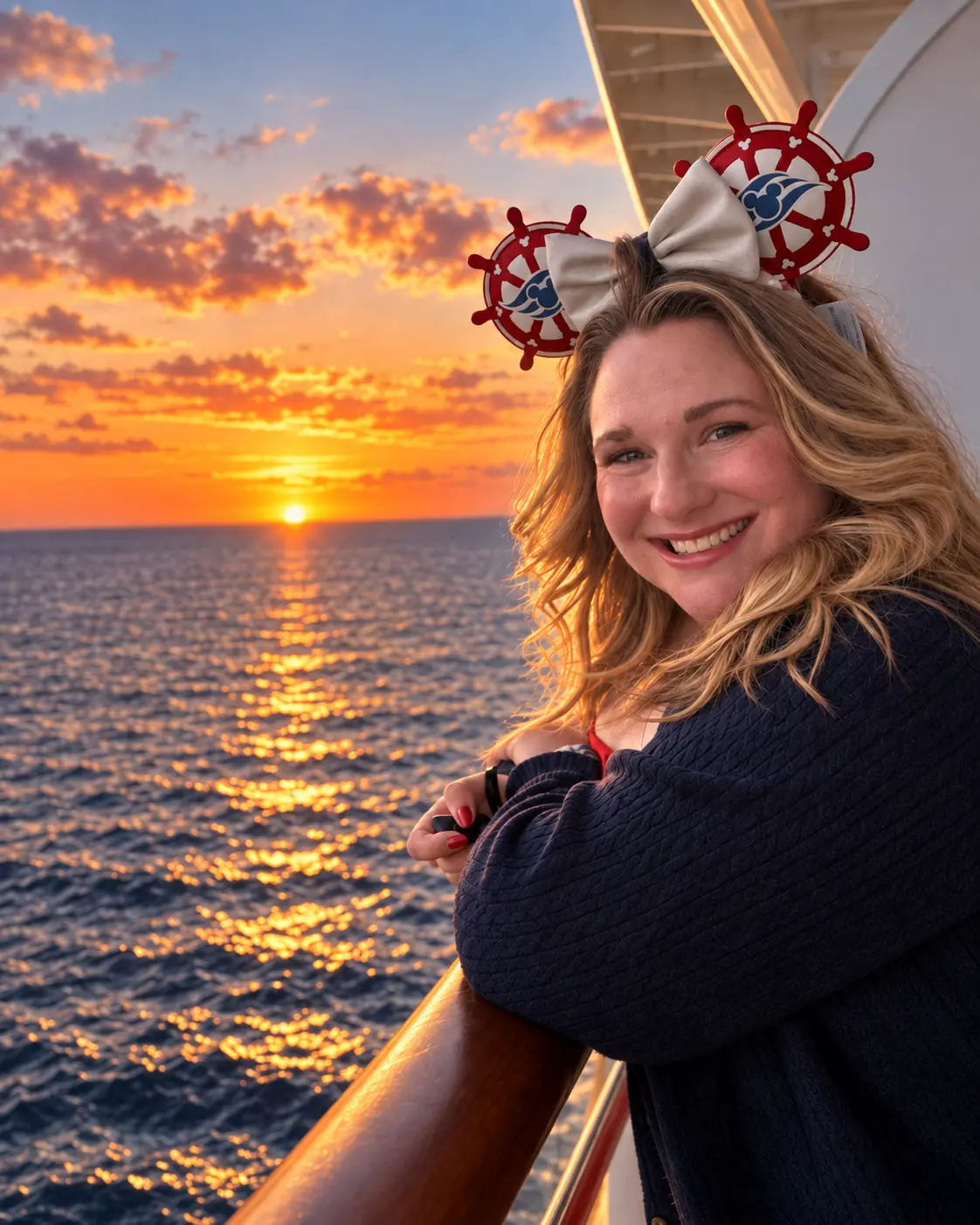 Jamie Thomas wearing Disney Cruise Line ears at sunset at sea